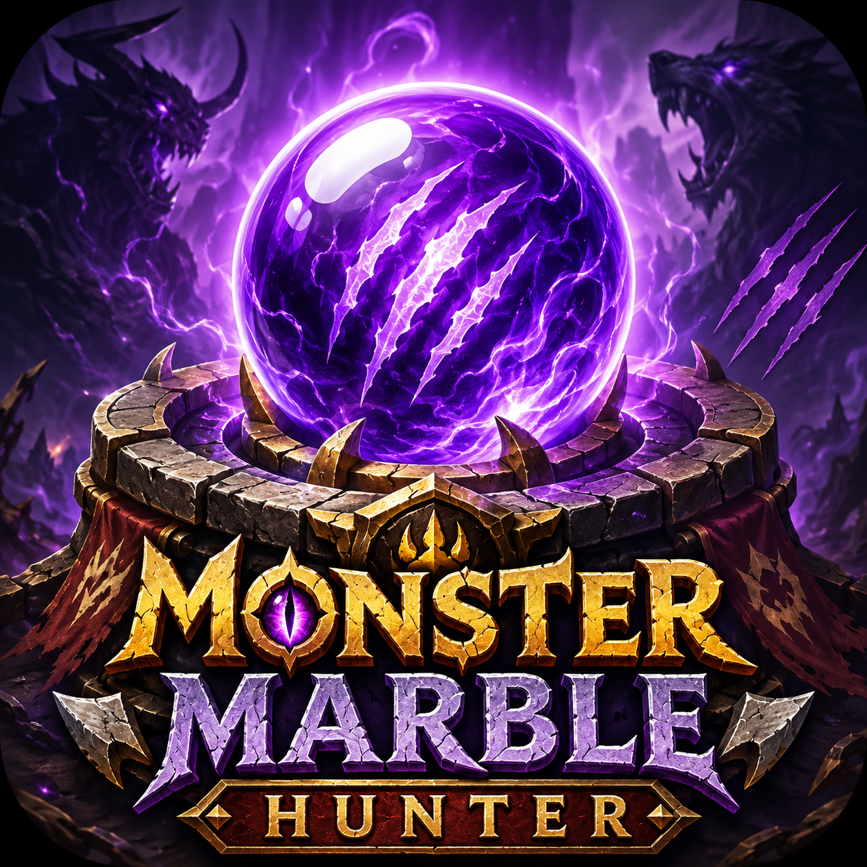 Monster Marble Hunter app artwork with a glowing purple monster marble